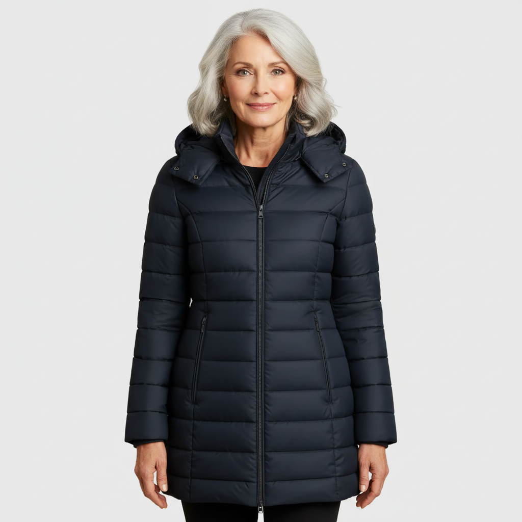 Navy hooded puffer coat with full-zip front and side pockets.