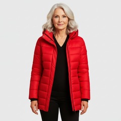 Red hooded puffer coat with full-zip front and side pockets.