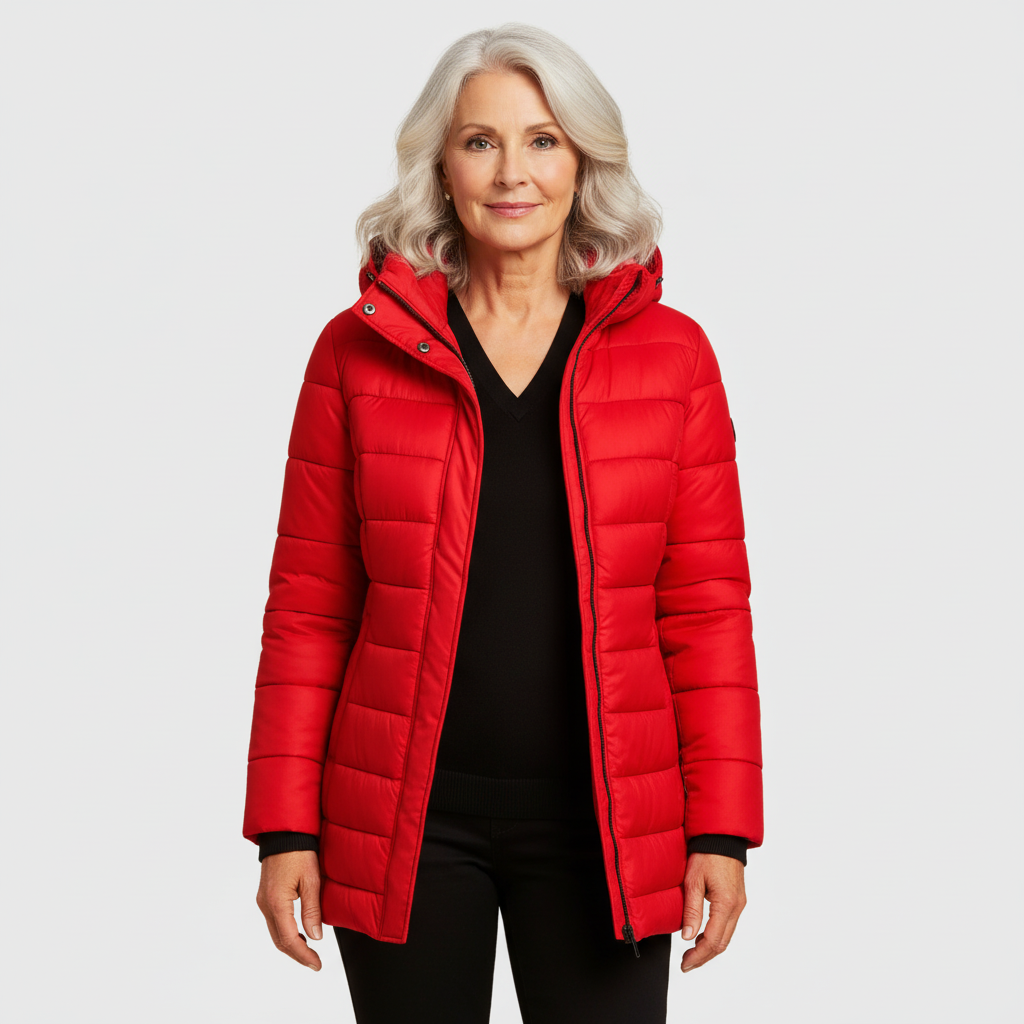 Red hooded puffer coat with full-zip front and side pockets.