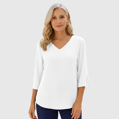 White V-neck elegant blouse with three-quarter sleeves and draped fit