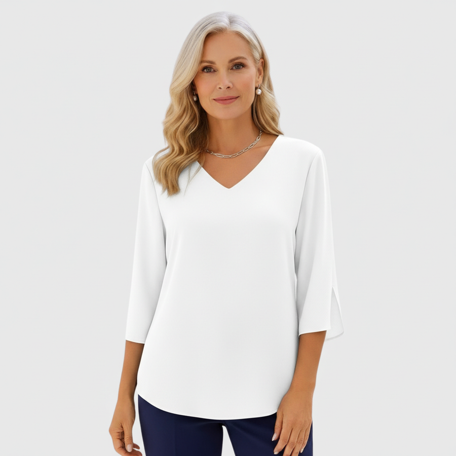 White V-neck elegant blouse with three-quarter sleeves and draped fit