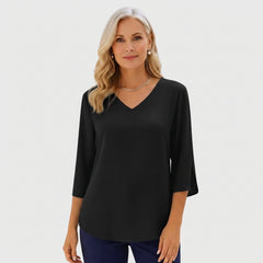 Black V-neck elegant blouse with three-quarter sleeves and draped fit
