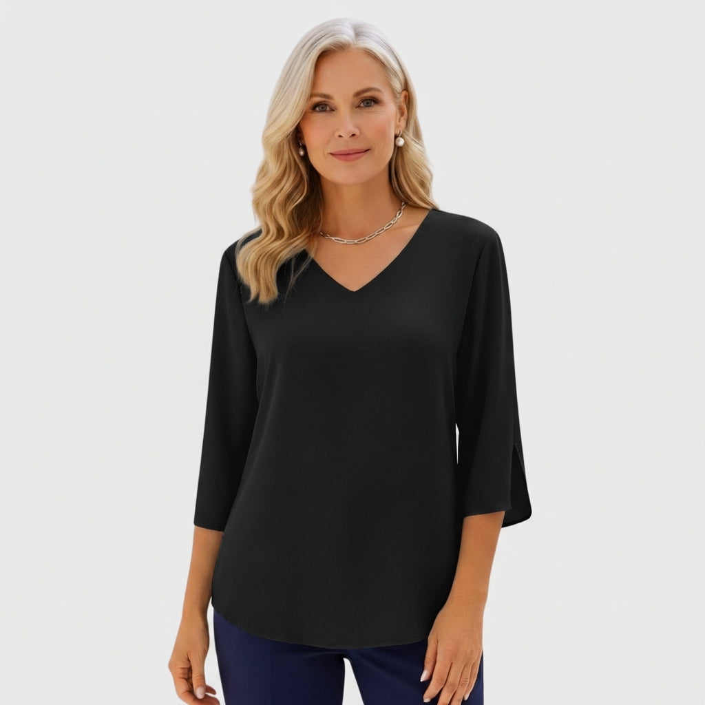 Black V-neck elegant blouse with three-quarter sleeves and draped fit