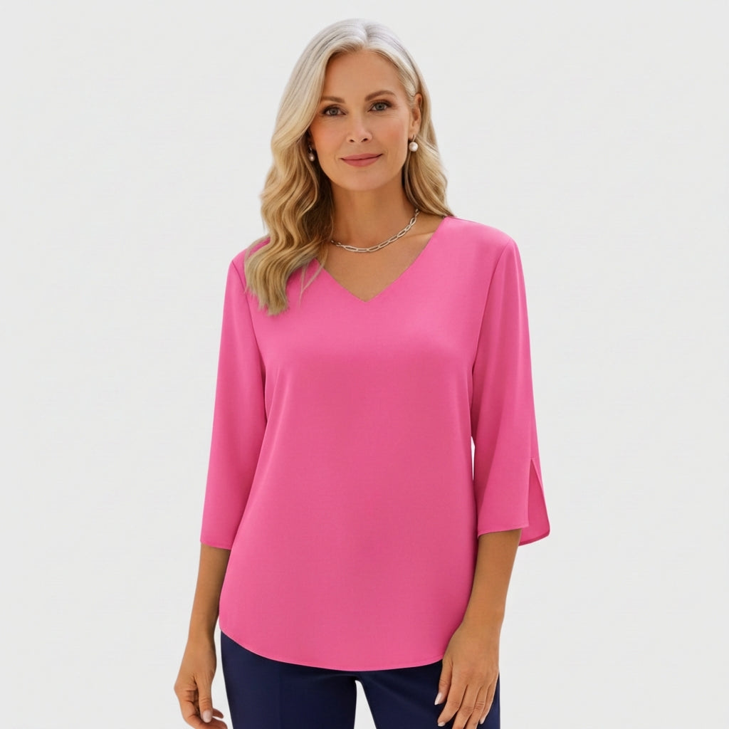 Pink V-neck elegant blouse with three-quarter sleeves and draped fit