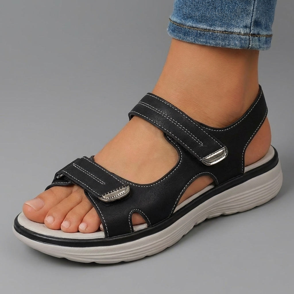 Black open-toe sandals with two hook-and-loop straps and thick cushioned sole