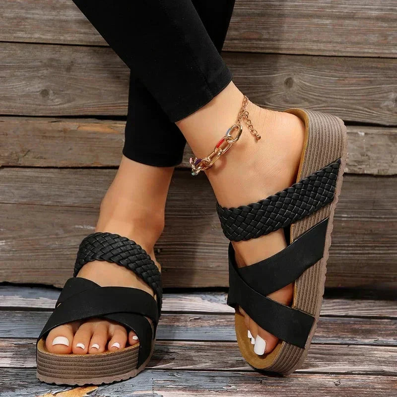 Ruby comfortable sandals in black, braided cross straps, chunky platform wedge