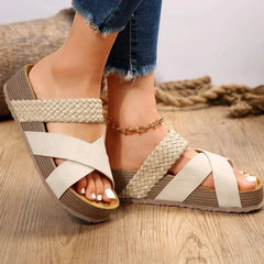 Ruby comfortable sandals in white, braided crisscross straps, peep-toe wedge sole