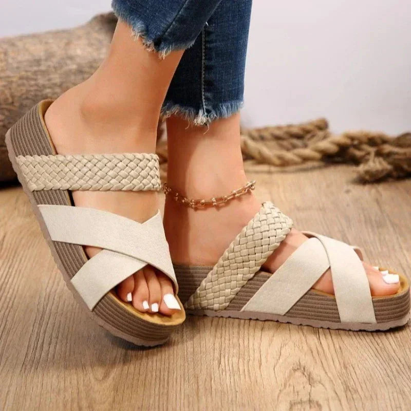 Ruby comfortable sandals in white, braided crisscross straps, peep-toe wedge sole
