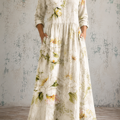 ANNE™ floral summer dress with V-neck, long sleeves, cream tiered skirt and botanical print