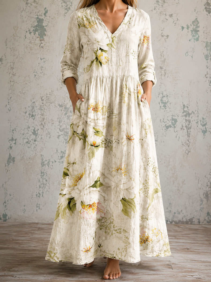ANNE™ floral summer dress with V-neck, long sleeves, cream tiered skirt and botanical print