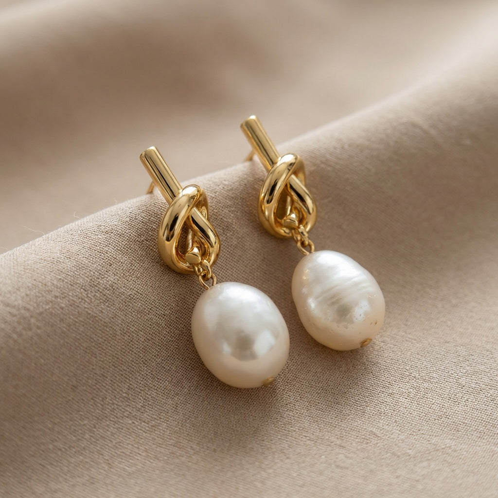 Gold hoop earrings with knotted links and large white teardrop pearl drops