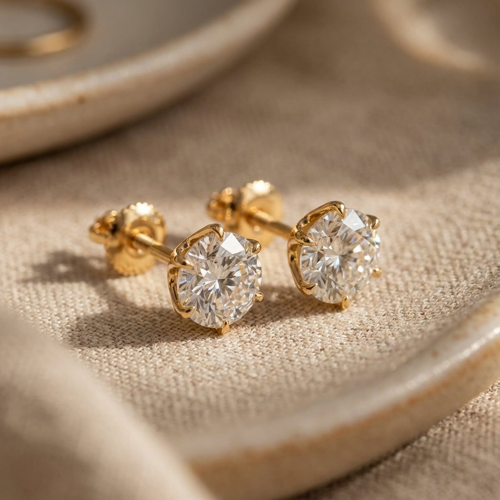 Gold-tone stud earrings with round clear crystal stones, prong-set