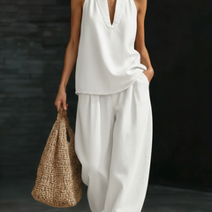 White denim halter sleeveless top and wide-leg pants, 2-piece set