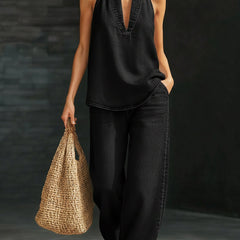 Black denim halter sleeveless top and wide-leg pants, 2-piece set