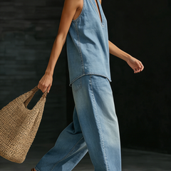 Light blue denim halter sleeveless tunic top and wide-leg pants, 2-piece set