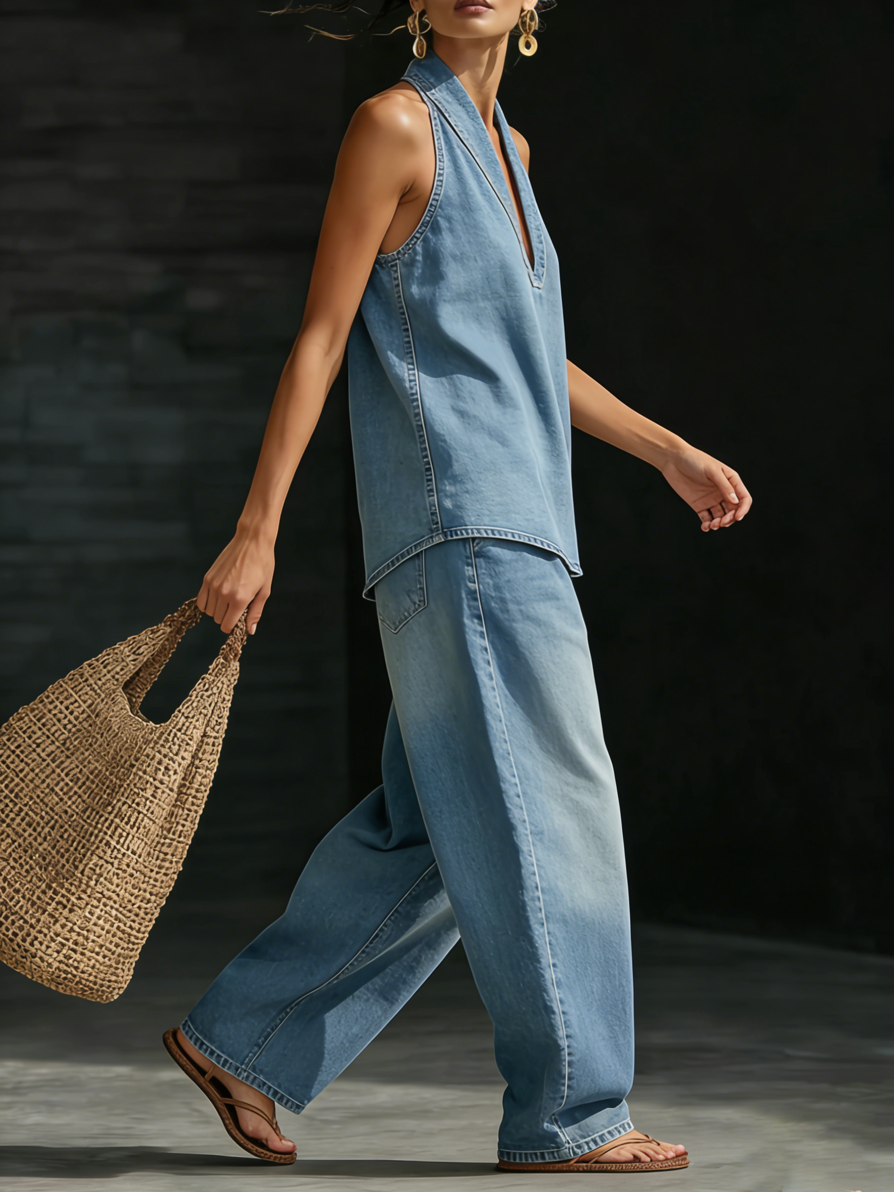 Light blue denim halter sleeveless tunic top and wide-leg pants, 2-piece set