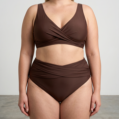 Brown shaping bikini set with twist-front bra and ruched high-waist bottoms