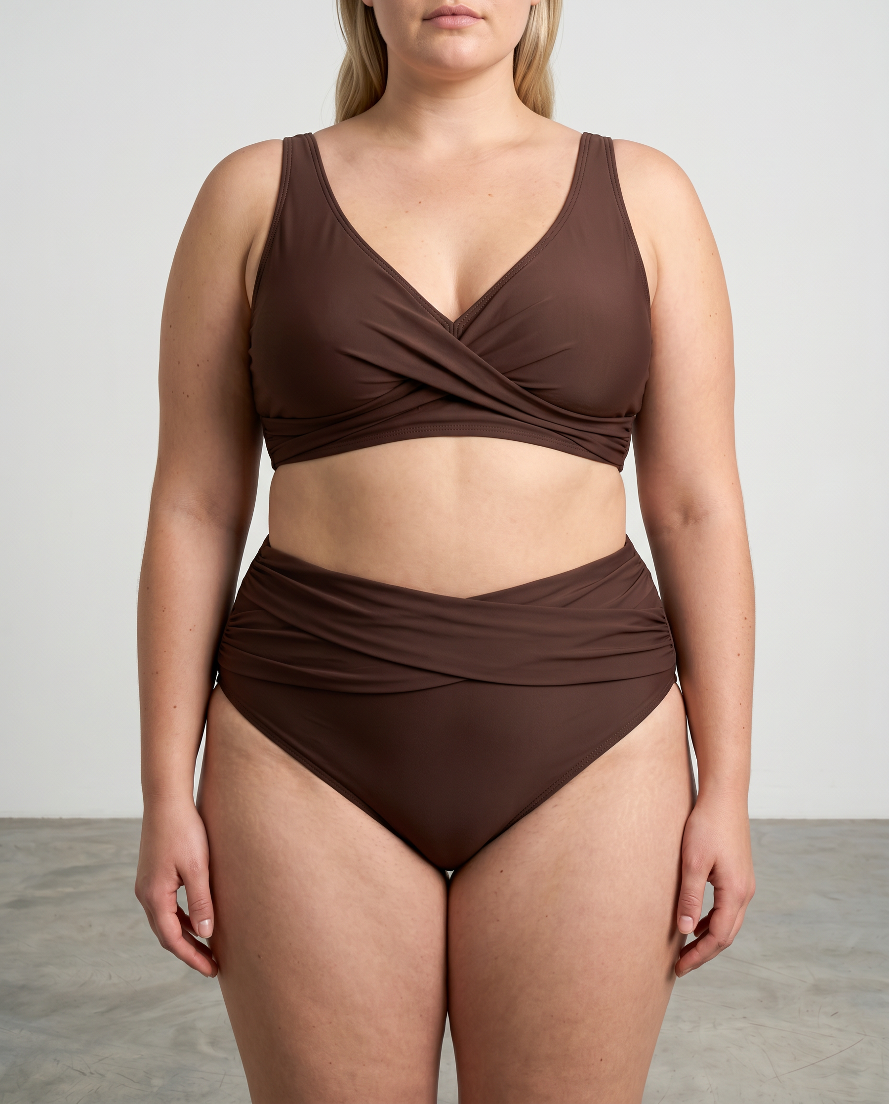 Brown shaping bikini set with twist-front bra and ruched high-waist bottoms