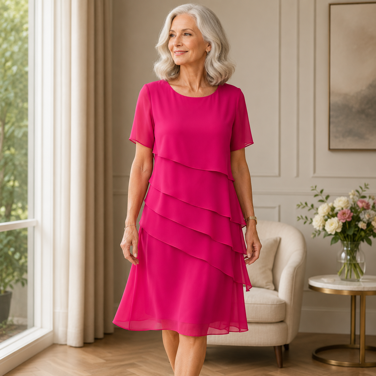 Pink ruffle midi dress with short sleeves and layered tiered skirt