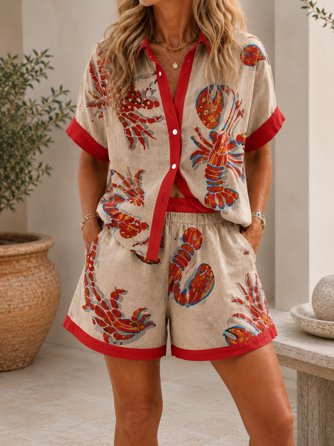 Linen-blend lobster print short-sleeve shirt and matching red-trim shorts set