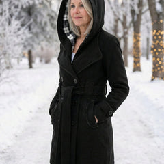 Black wool belted coat with hood and buttoned front, side flap pockets