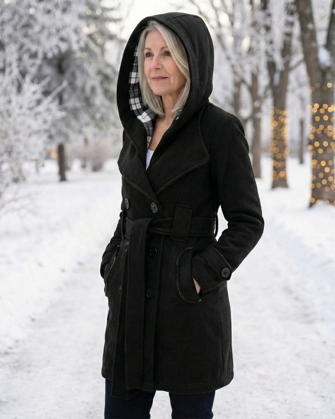 Black wool belted coat with hood and buttoned front, side flap pockets
