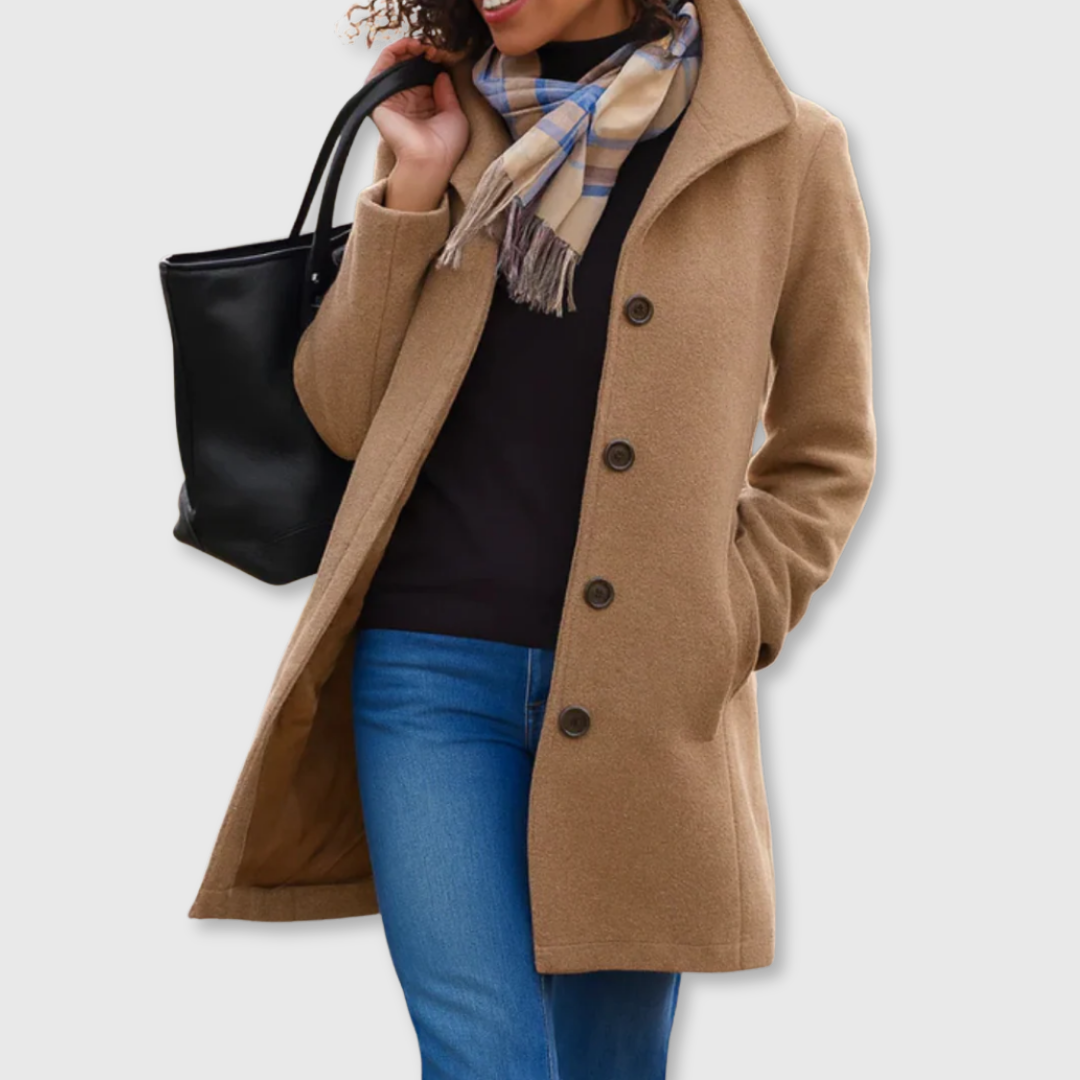 Khaki long classic coat with four-button front and notched lapels