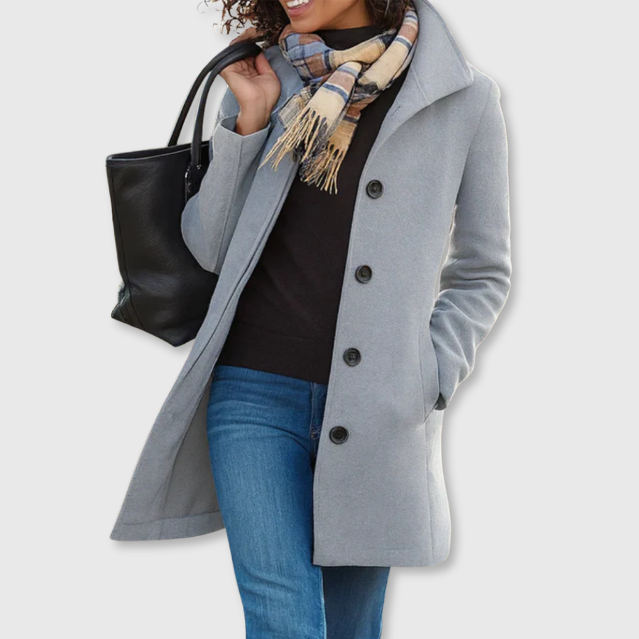 Light gray long classic coat with four-button front and notched lapels