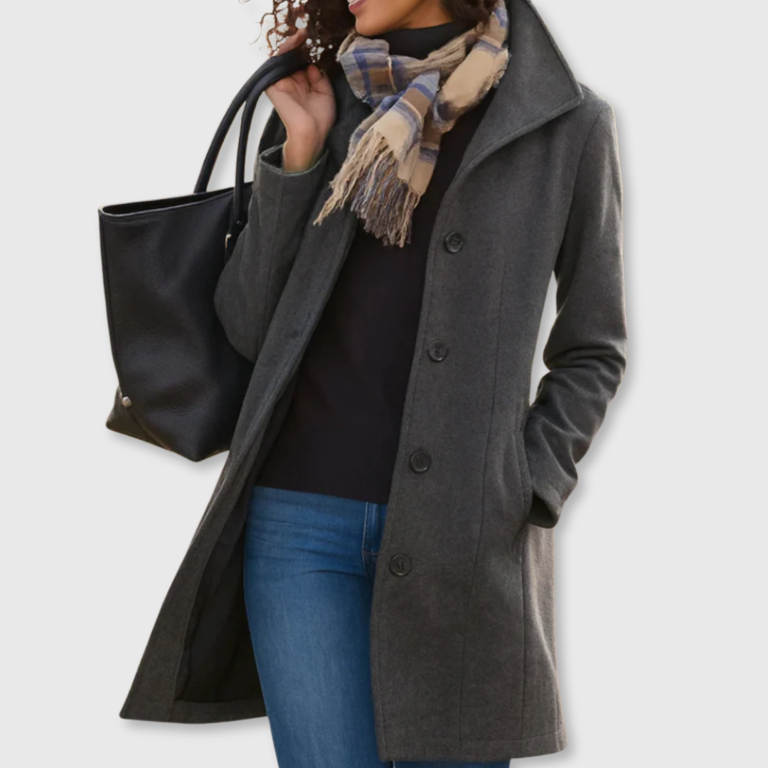 Dark gray long classic coat with four-button front and notched lapels