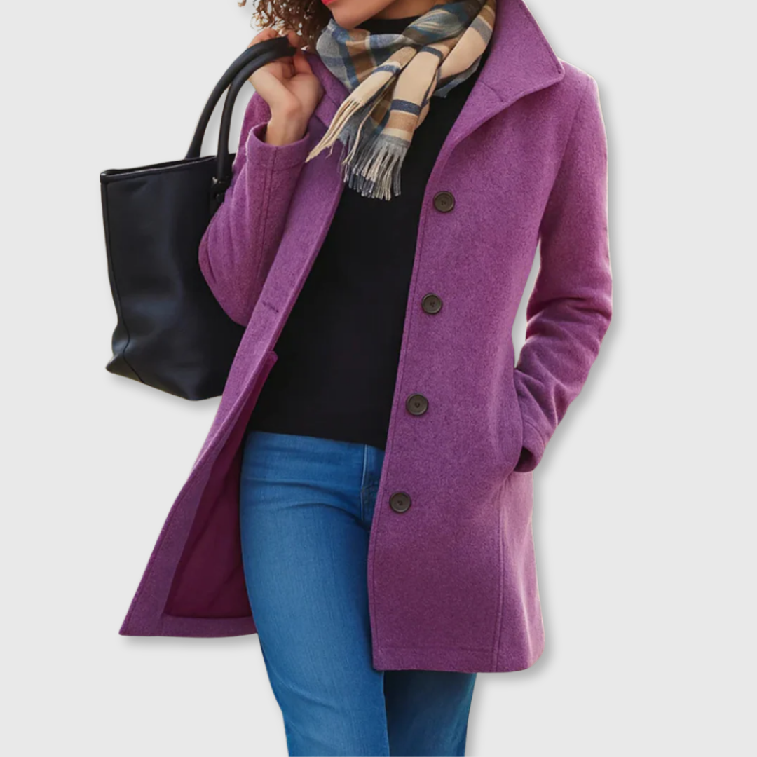 Purple long classic coat with four-button front and notched lapels