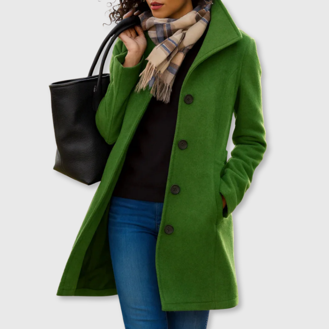 Moss green long classic coat with four-button front and notched lapels