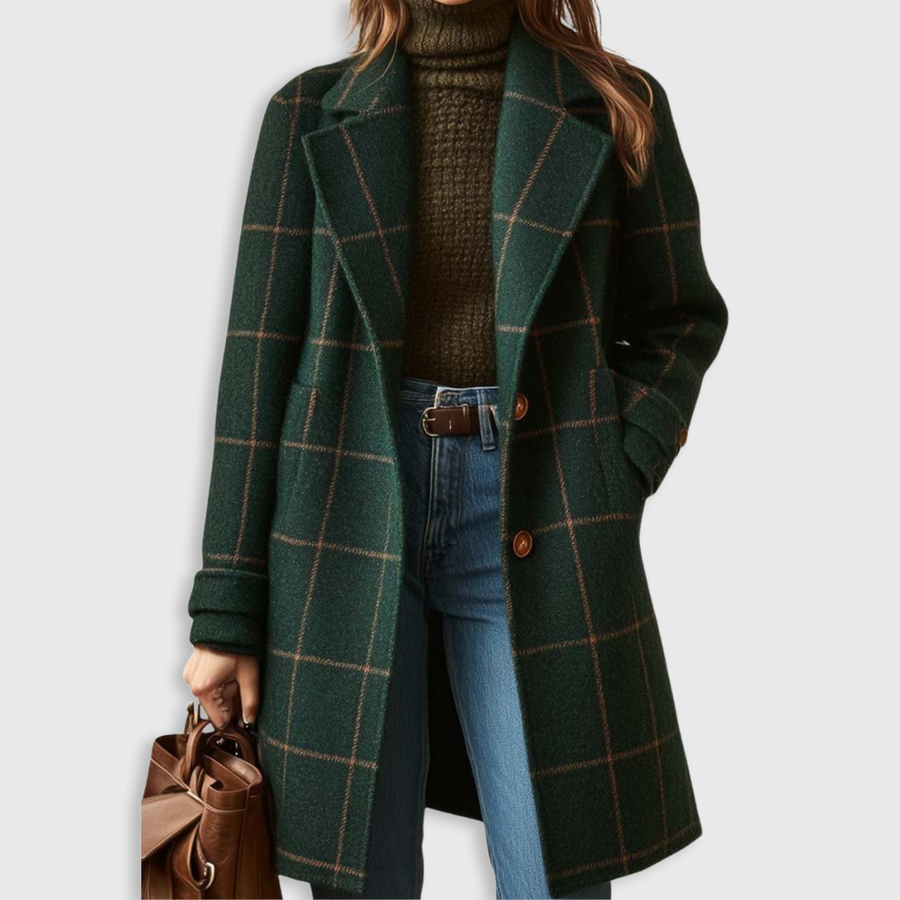 Dark green plaid long winter coat with button front, notch lapels, and side pockets