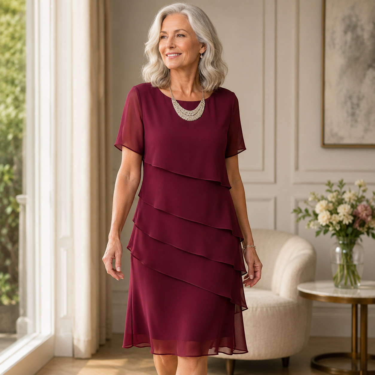 Burgundy ruffle midi dress with short sleeves and layered tiered skirt