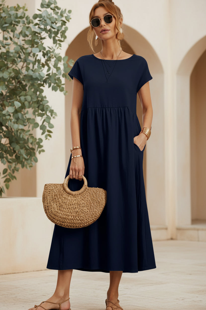 Navy blue casual midi dress with short sleeves and gathered waist