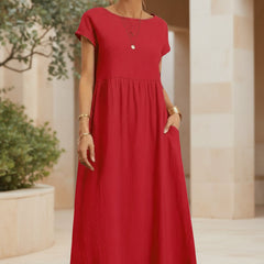 Red casual midi dress with short sleeves and gathered waist