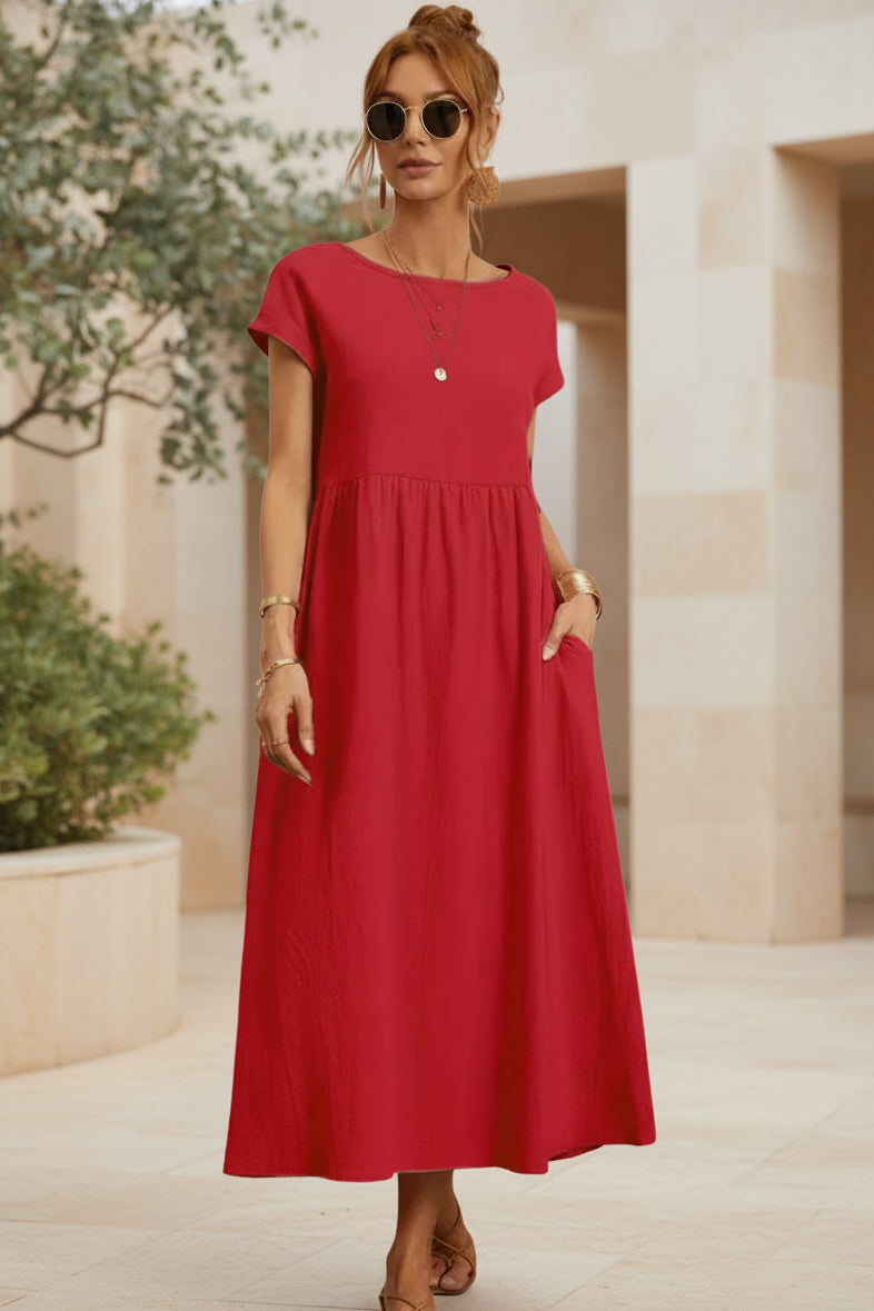 Red casual midi dress with short sleeves and gathered waist