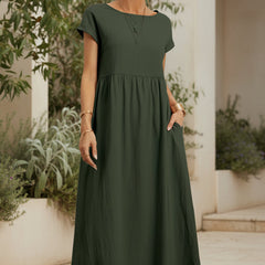 Olive green casual midi dress with short sleeves and gathered waist