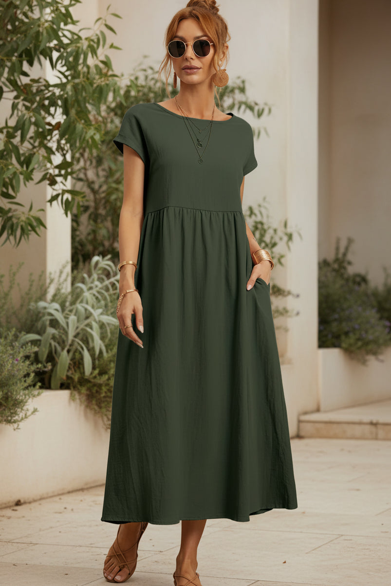 Olive green casual midi dress with short sleeves and gathered waist