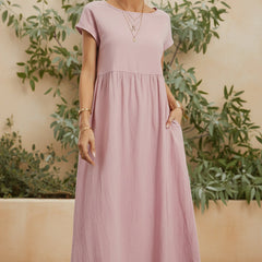 Blush pink casual midi dress with short sleeves and gathered waist