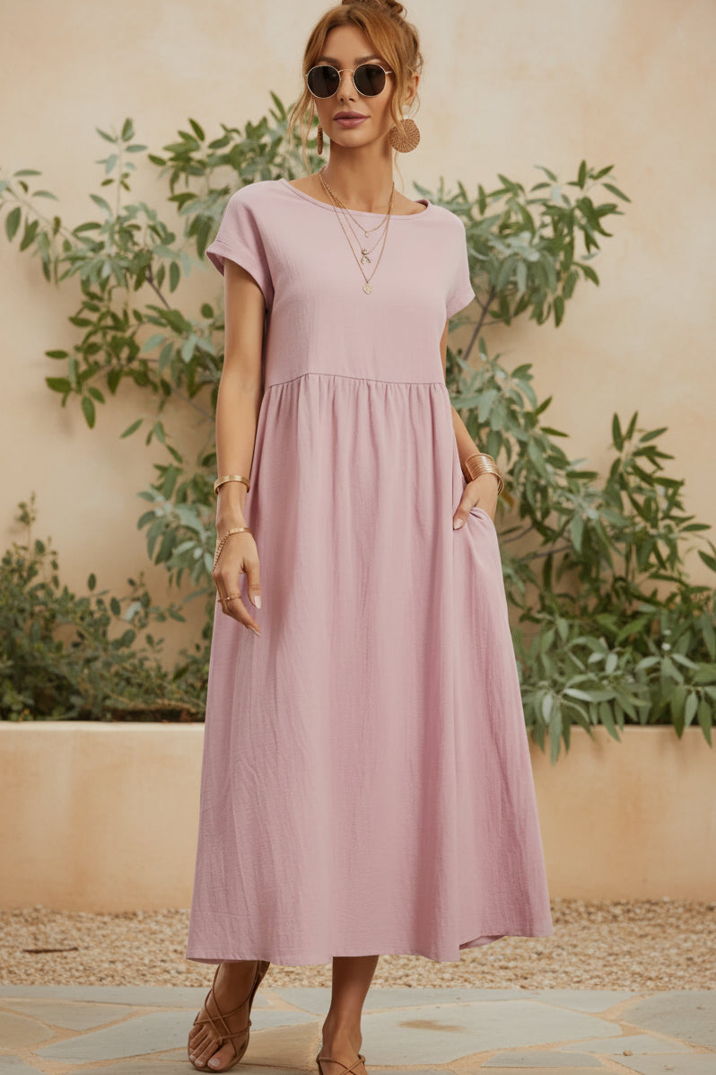 Blush pink casual midi dress with short sleeves and gathered waist