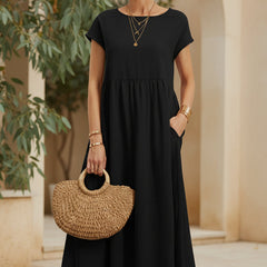 Black casual midi dress with short sleeves and gathered waist