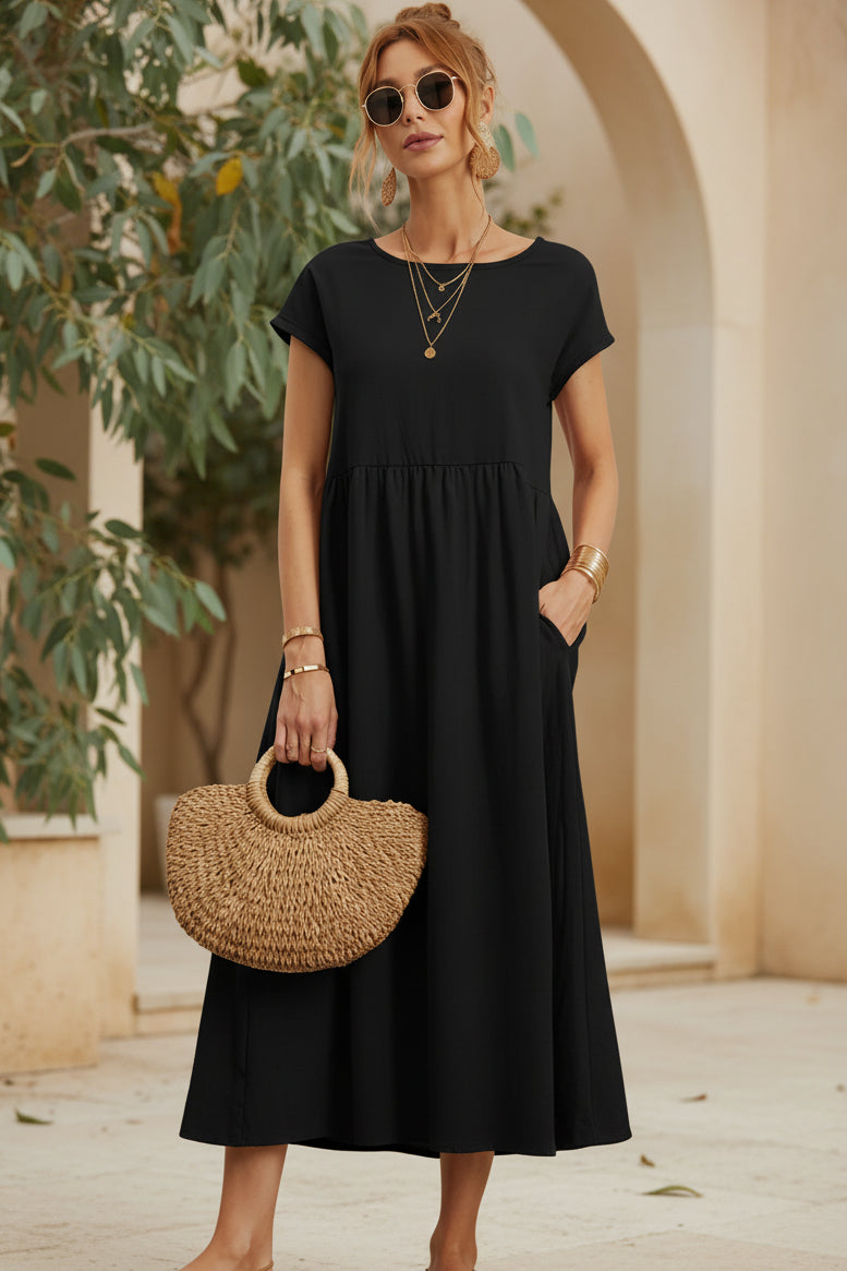 Black casual midi dress with short sleeves and gathered waist