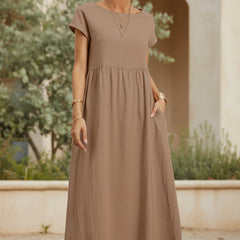 Sand beige casual midi dress with short sleeves and gathered waist