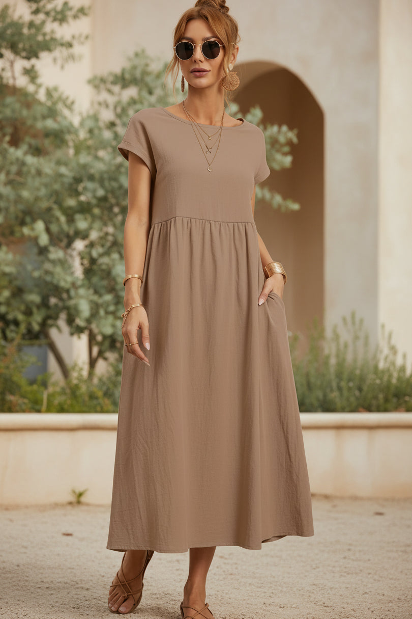 Sand beige casual midi dress with short sleeves and gathered waist