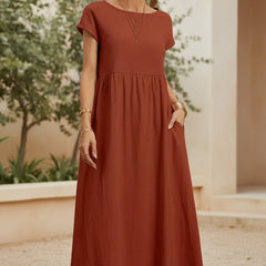 Wine red casual midi dress with short sleeves and gathered waist