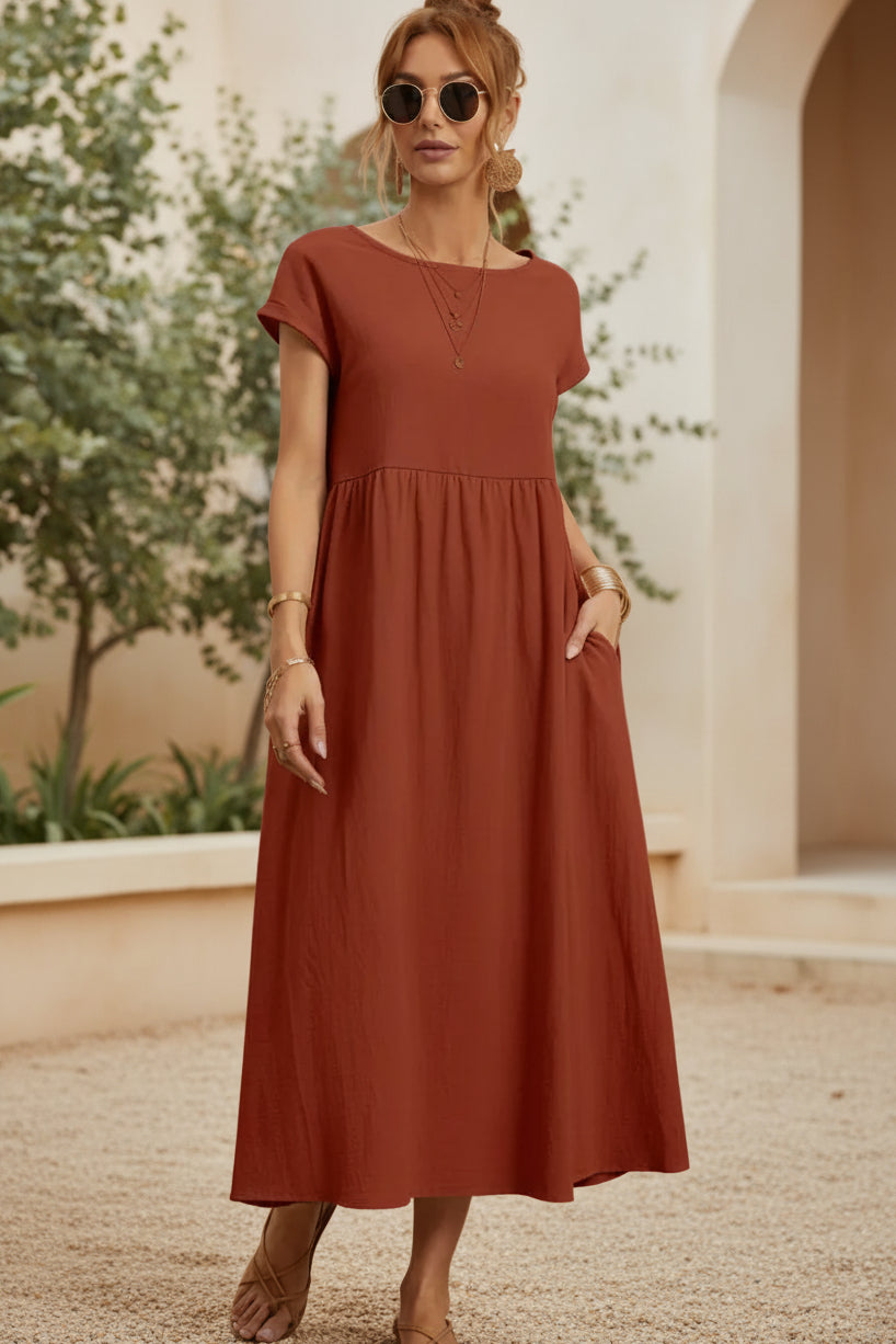 Wine red casual midi dress with short sleeves and gathered waist
