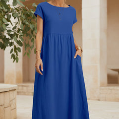 Ocean blue casual midi dress with short sleeves and gathered waist
