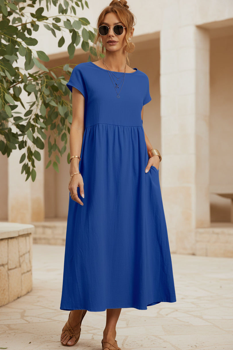 Ocean blue casual midi dress with short sleeves and gathered waist
