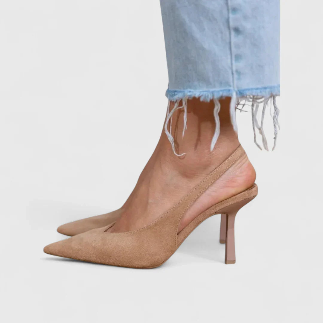 Beige pointed-toe orthopedic pumps with block heel and slip-on design