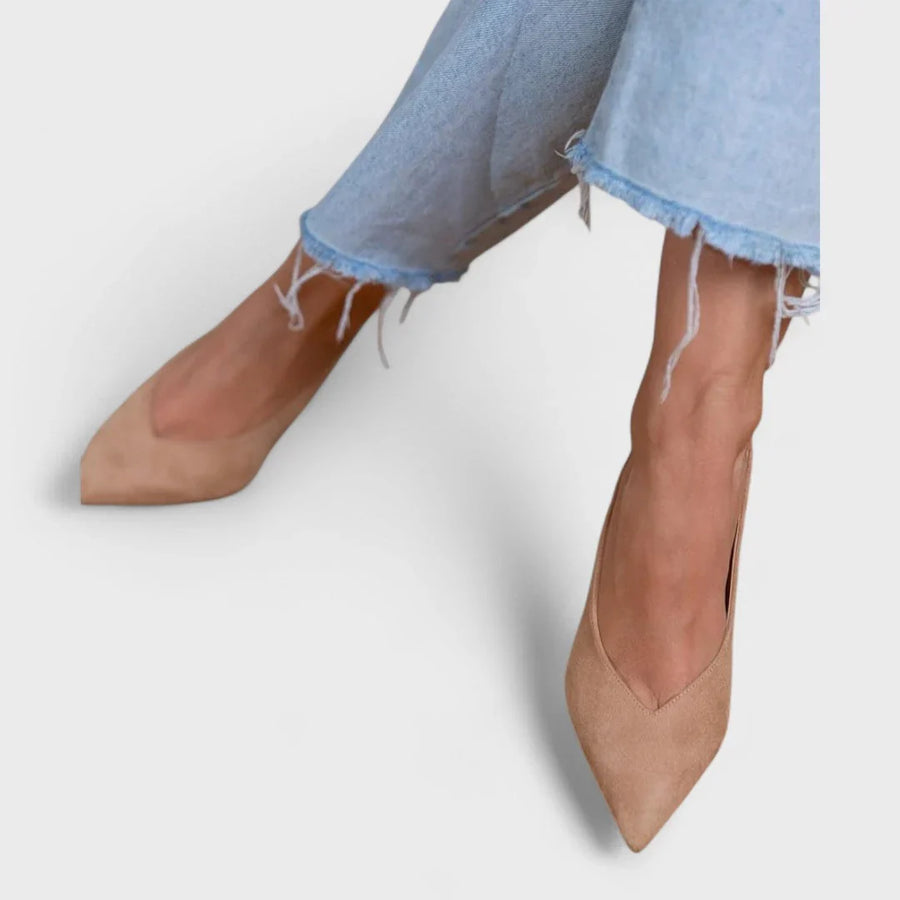 Beige suede slingback heel, pointed toe, slim stiletto heel